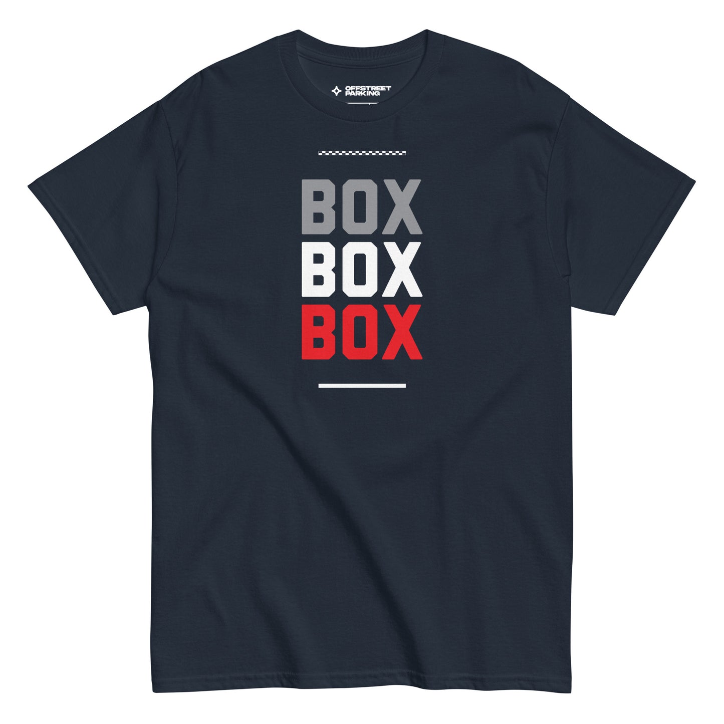 Race Day collection with Box Box Box type on navy t-shirt on white background