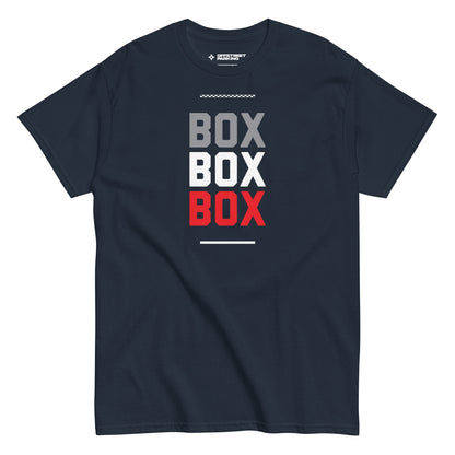 Race Day collection with Box Box Box type on navy t-shirt on white background