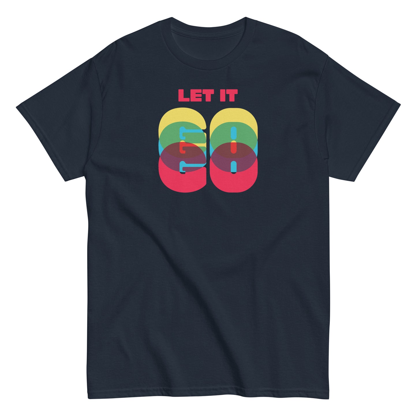 Let It Go text on navy t-shirt, front view on white background