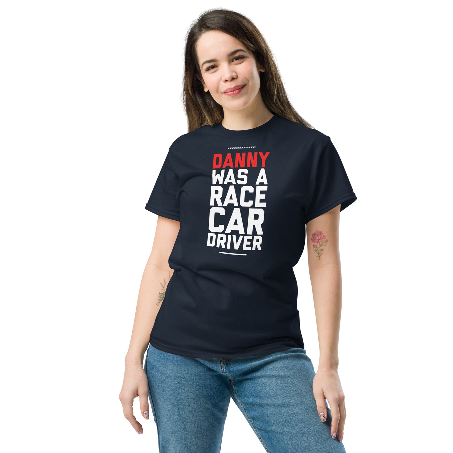 Danny Was A Race Car Driver text on navy t-shirt, front view on female model