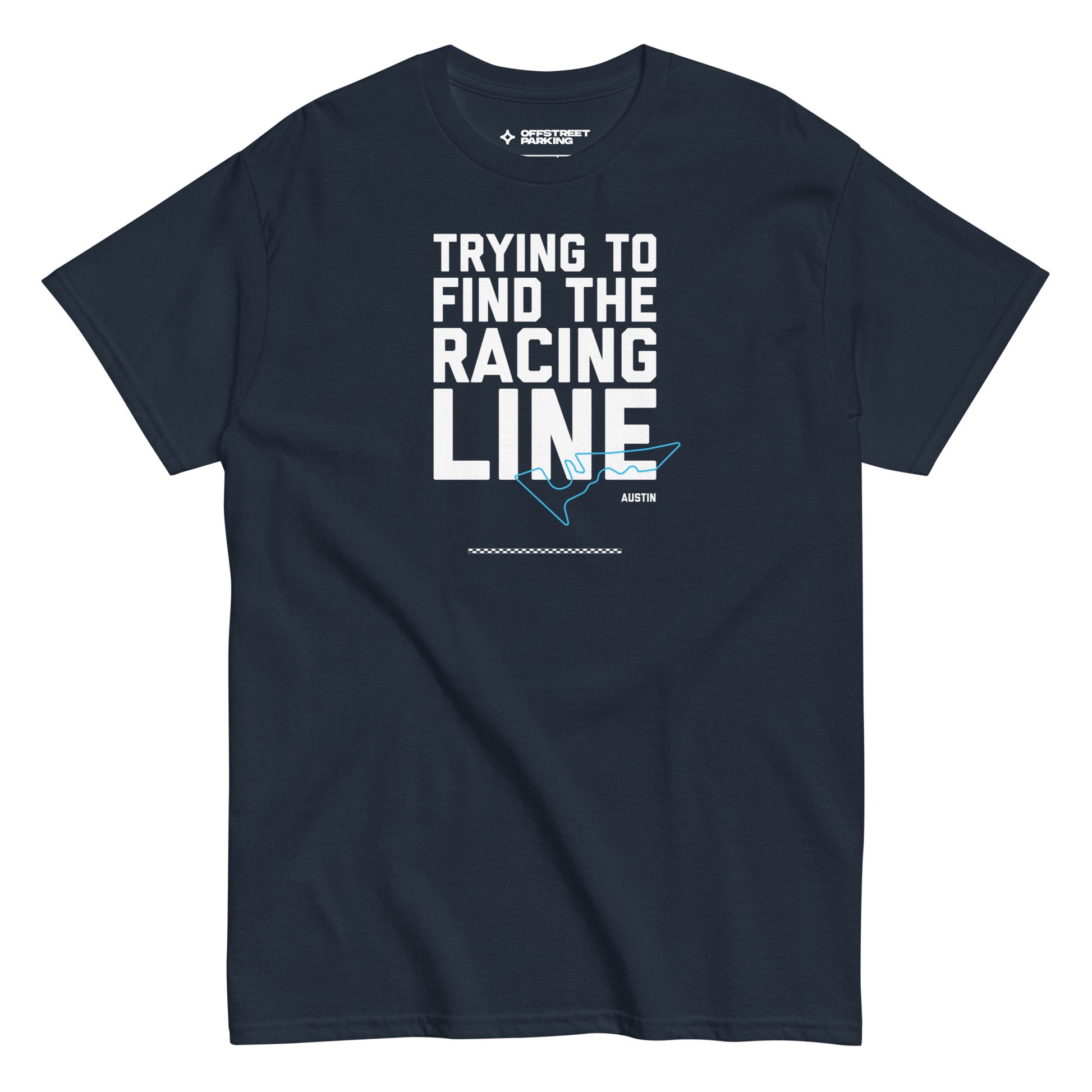 Race Day collection with Trying To Find The Racing Line Austin type and race track graphic on navy t-shirt on white background