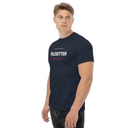 Polesitter text on navy t-shirt, front view on male model