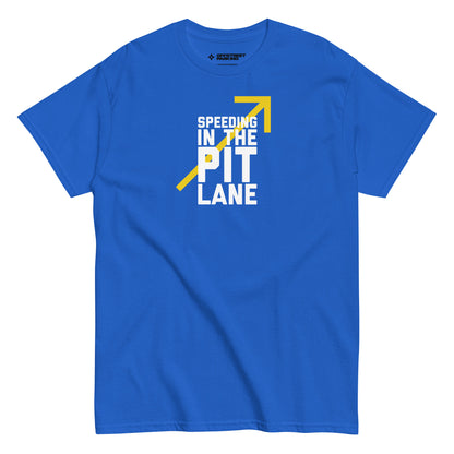 Race Day collection with Speeding In The Pit Lane type on bright blue t-shirt on white background