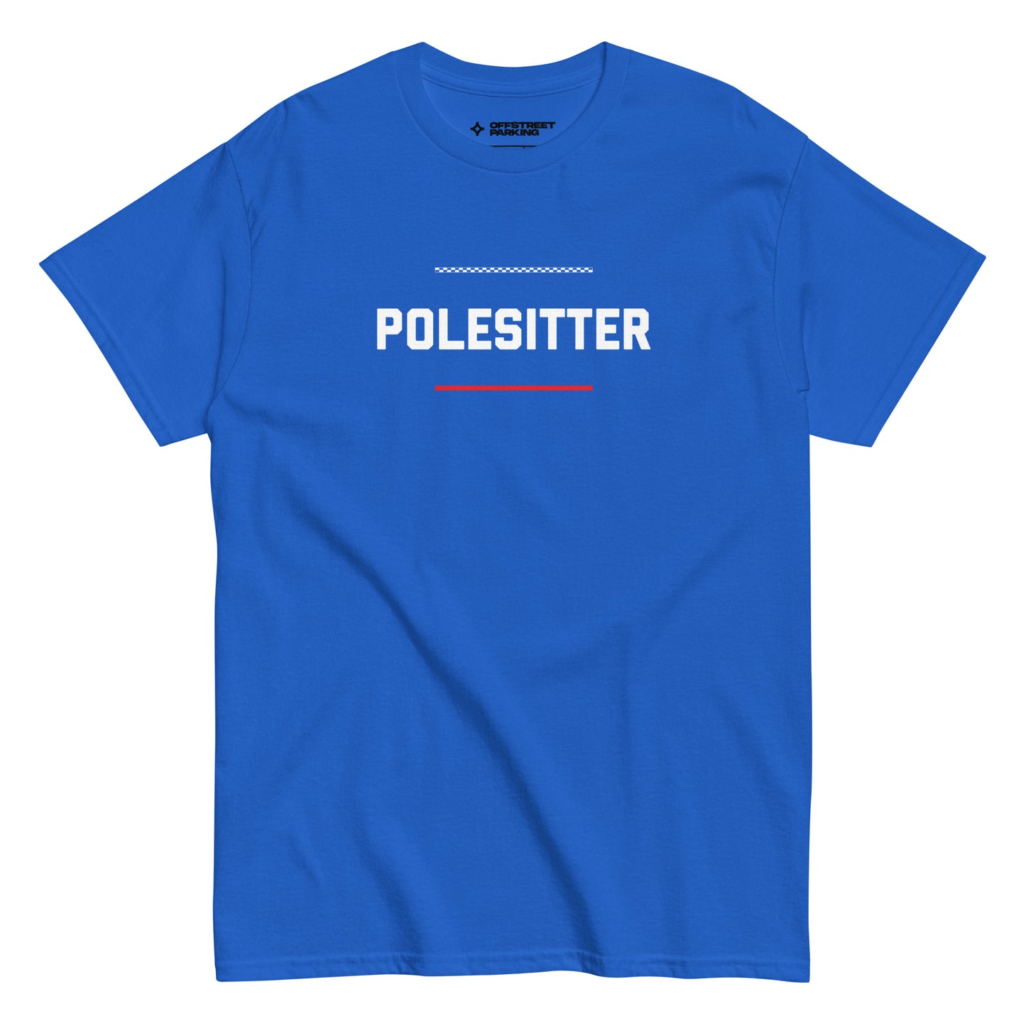 Polesitter text on blue t-shirt, front view on white background