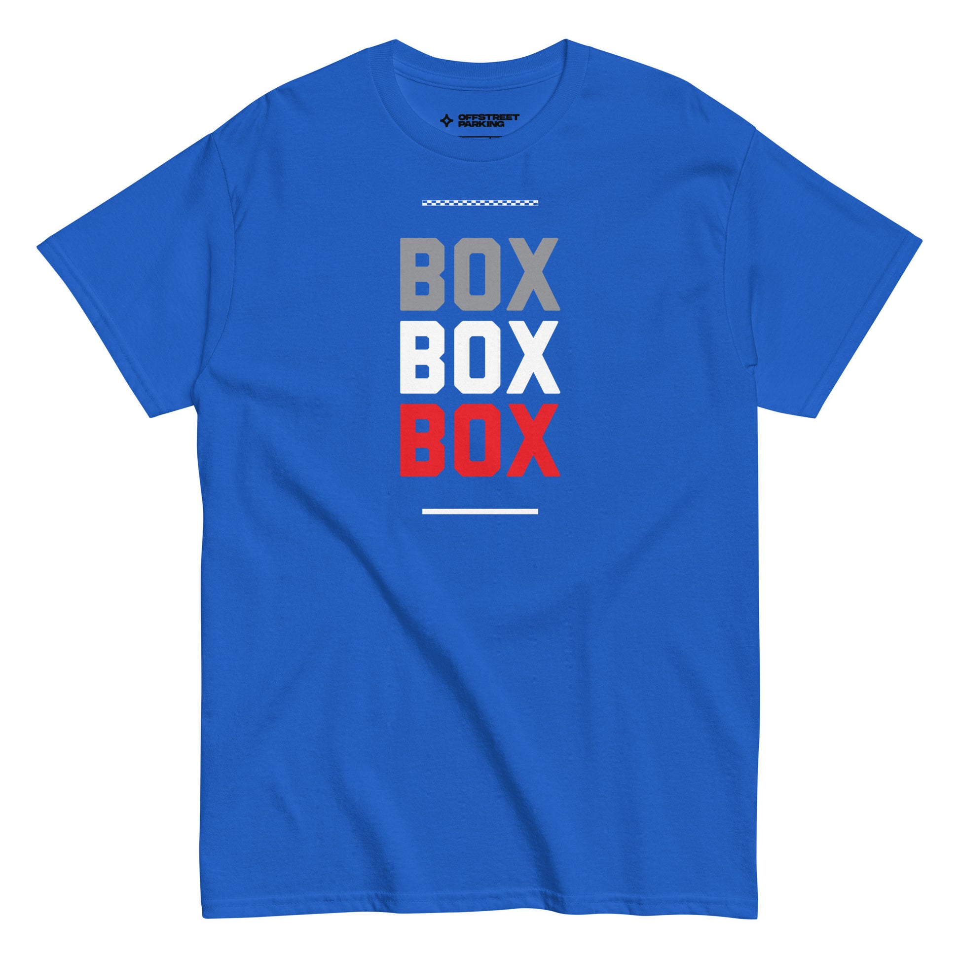 Race Day collection with Box Box Box type on bright blue t-shirt on white background