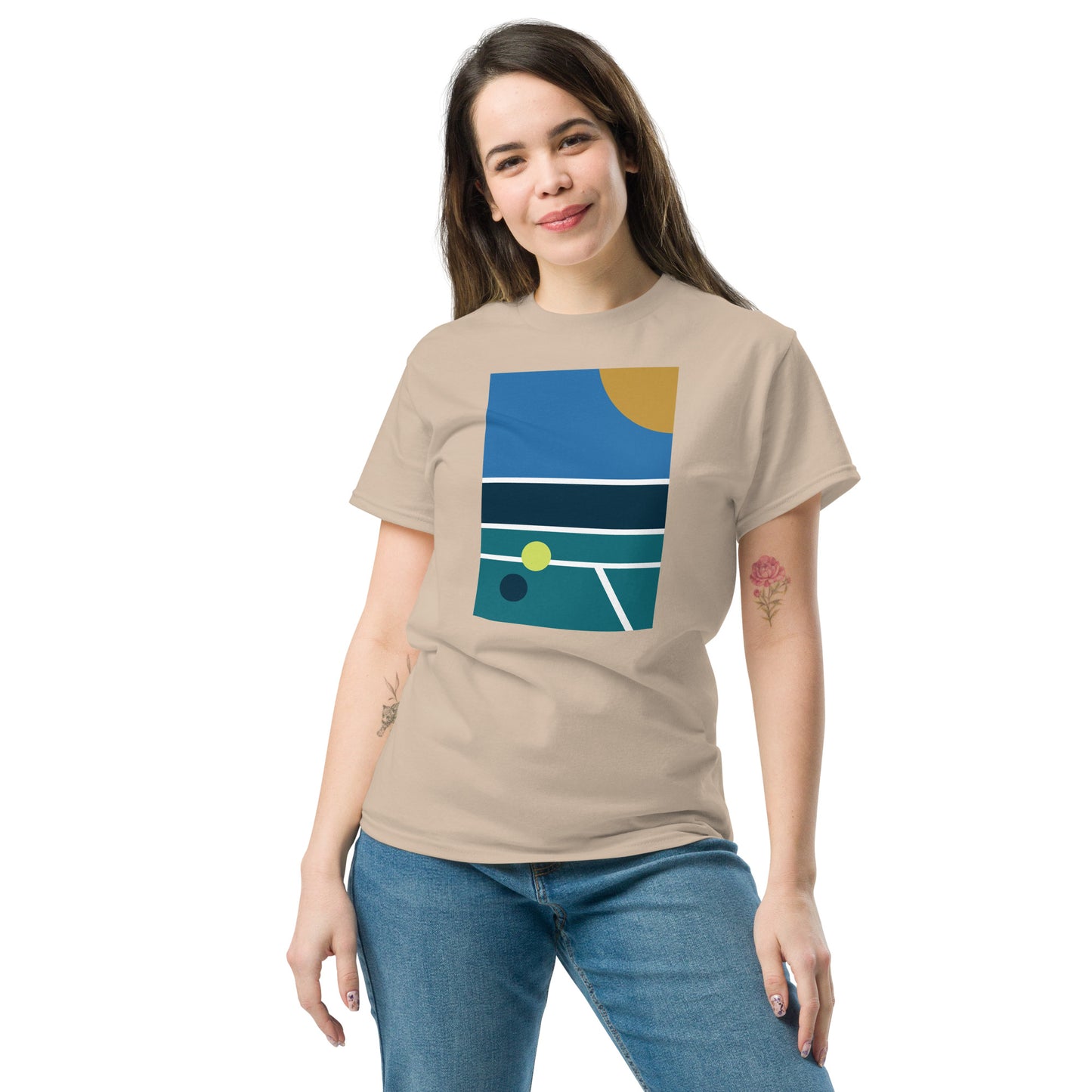 minimalist pickleball court scene on beige t-shirt, front view on female model