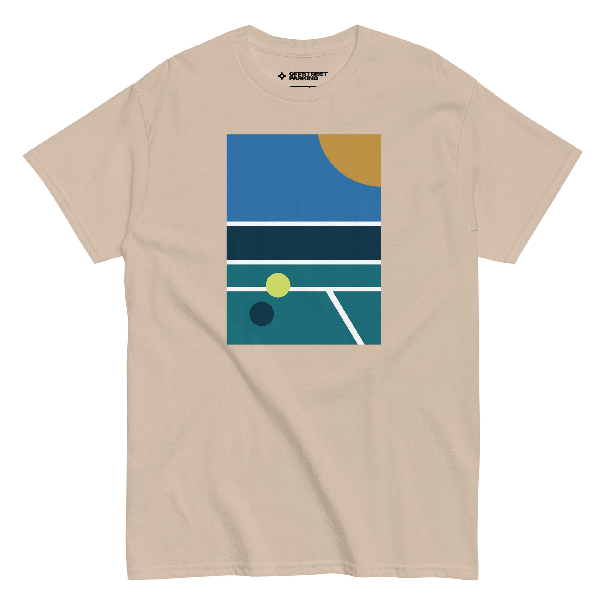 minimalist pickleball court scene on beige 2 t-shirt, front view on white background