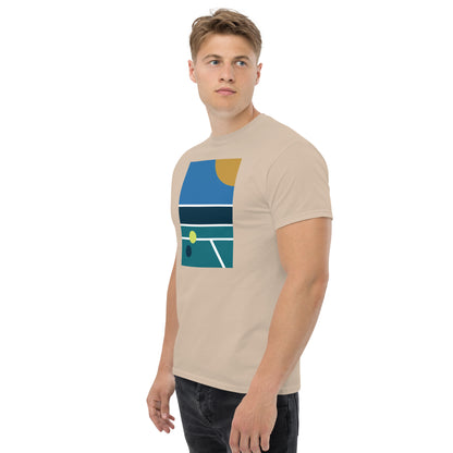 minimalist pickleball court scene on beige t-shirt, front view on male model