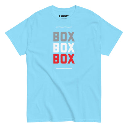 Race Day collection with Box Box Box type on light blue t-shirt on white background