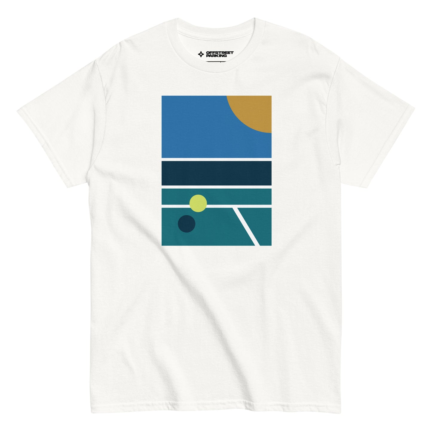 minimalist pickleball court scene on white t-shirt, front view on white background