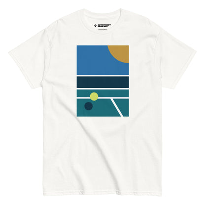 minimalist pickleball court scene on white t-shirt, front view on white background