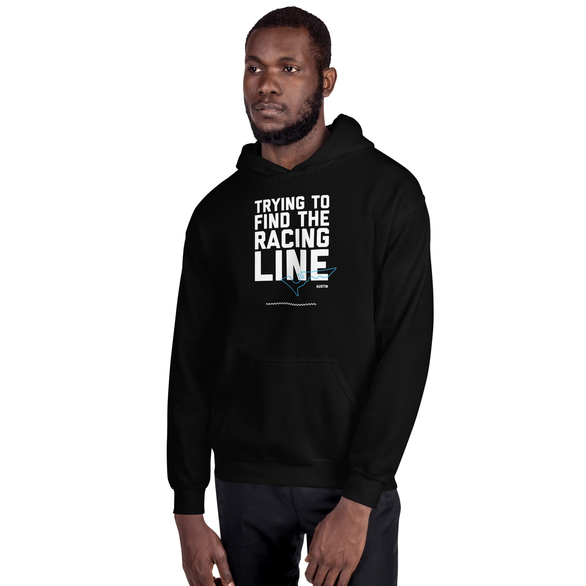 Race Day collection with Trying To Find The Racing Line Austin type and race track graphic on black hoodie on male model