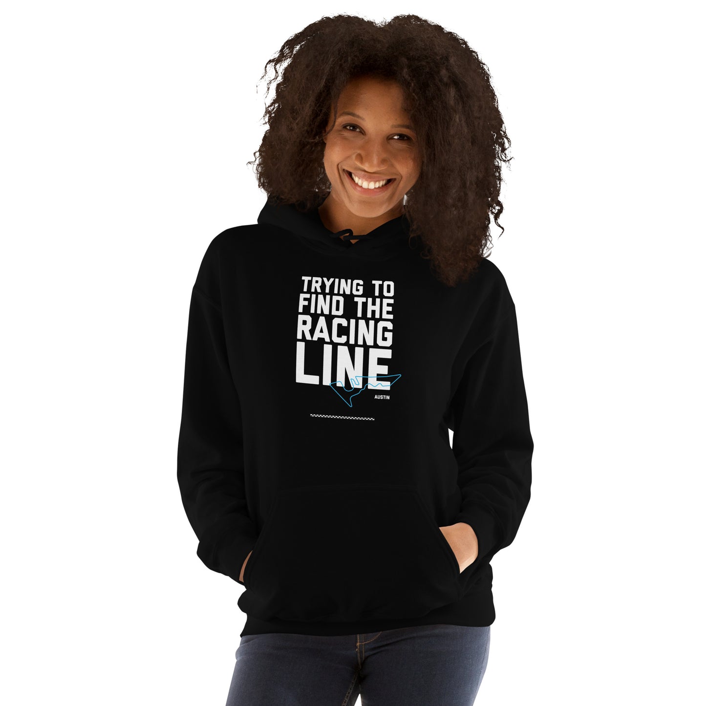 Race Day collection with Trying To Find The Racing Line Austin type and race track graphic on black hoodie on female model