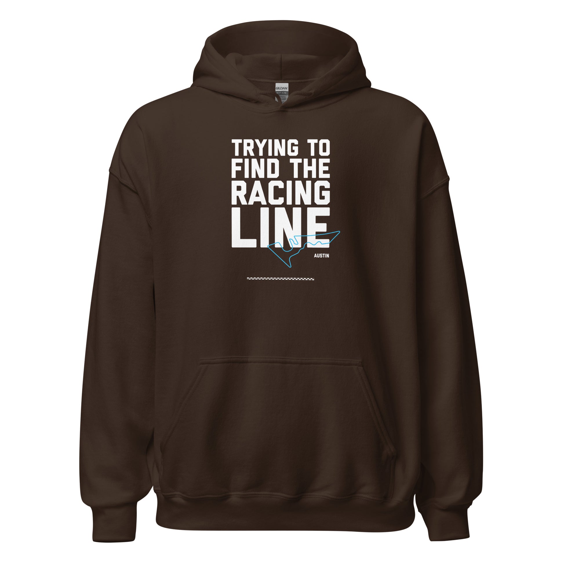 Race Day collection with Trying To Find The Racing Line Austin type and race track graphic on brown hoodie on white background