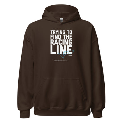 Race Day collection with Trying To Find The Racing Line Austin type and race track graphic on brown hoodie on white background