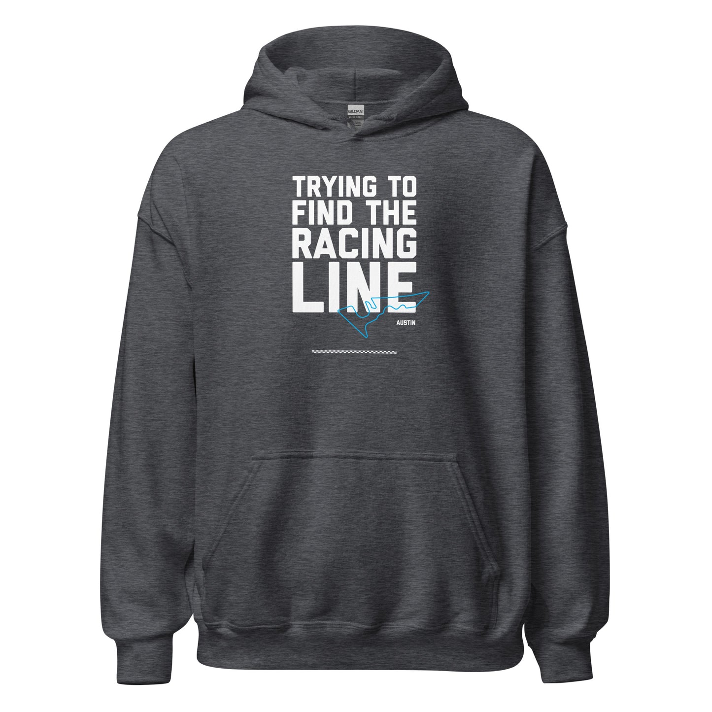 Race Day collection with Trying To Find The Racing Line Austin type and race track graphic on grey hoodie on white background