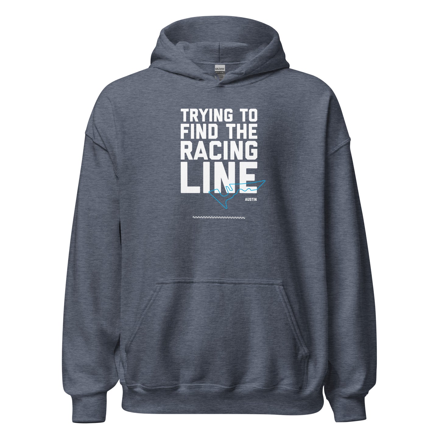 Race Day collection with Trying To Find The Racing Line Austin type and race track graphic on light grey hoodie on white background