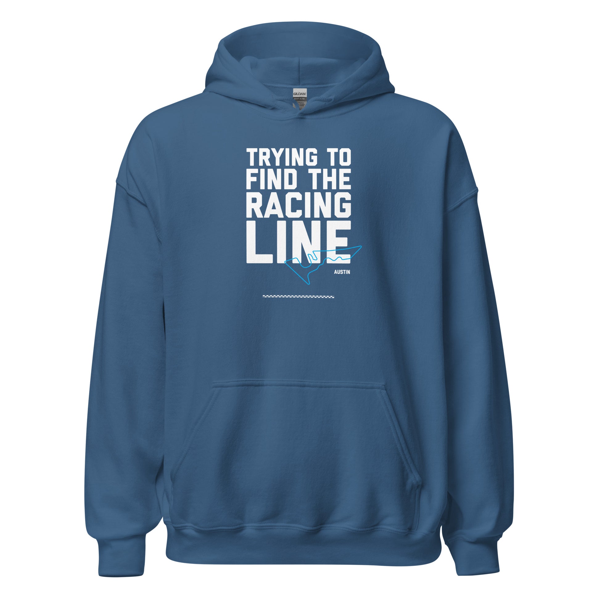 Race Day collection with Trying To Find The Racing Line Austin type and race track graphic on pale blue hoodie on white background