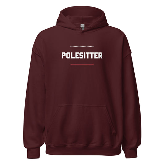 Polesitter text on maroon hoodie, front view on white background