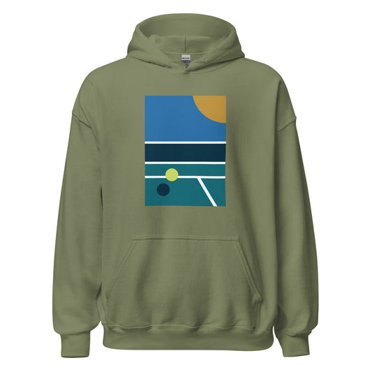 minimalist pickleball court scene on military green hoodie, front view on white background