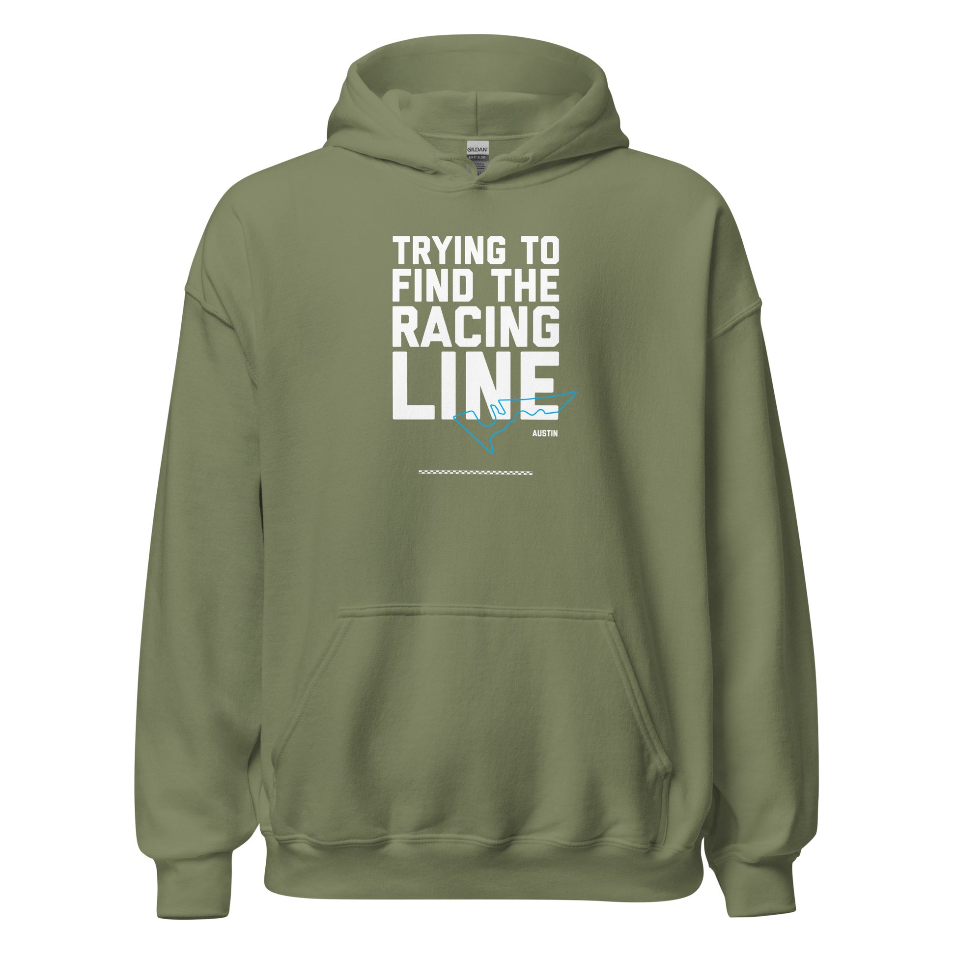 Race Day collection with Trying To Find The Racing Line Austin type and race track graphic on military green hoodie on white background