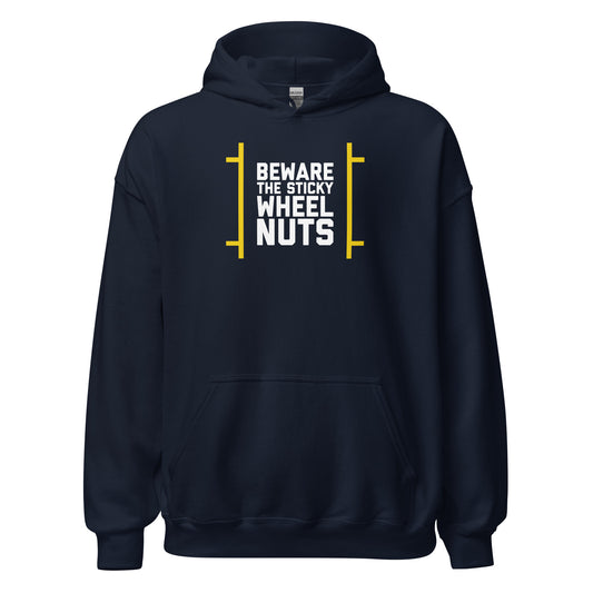 Beware The Sticky Wheel Nuts text on navy hoodie, front view on white background