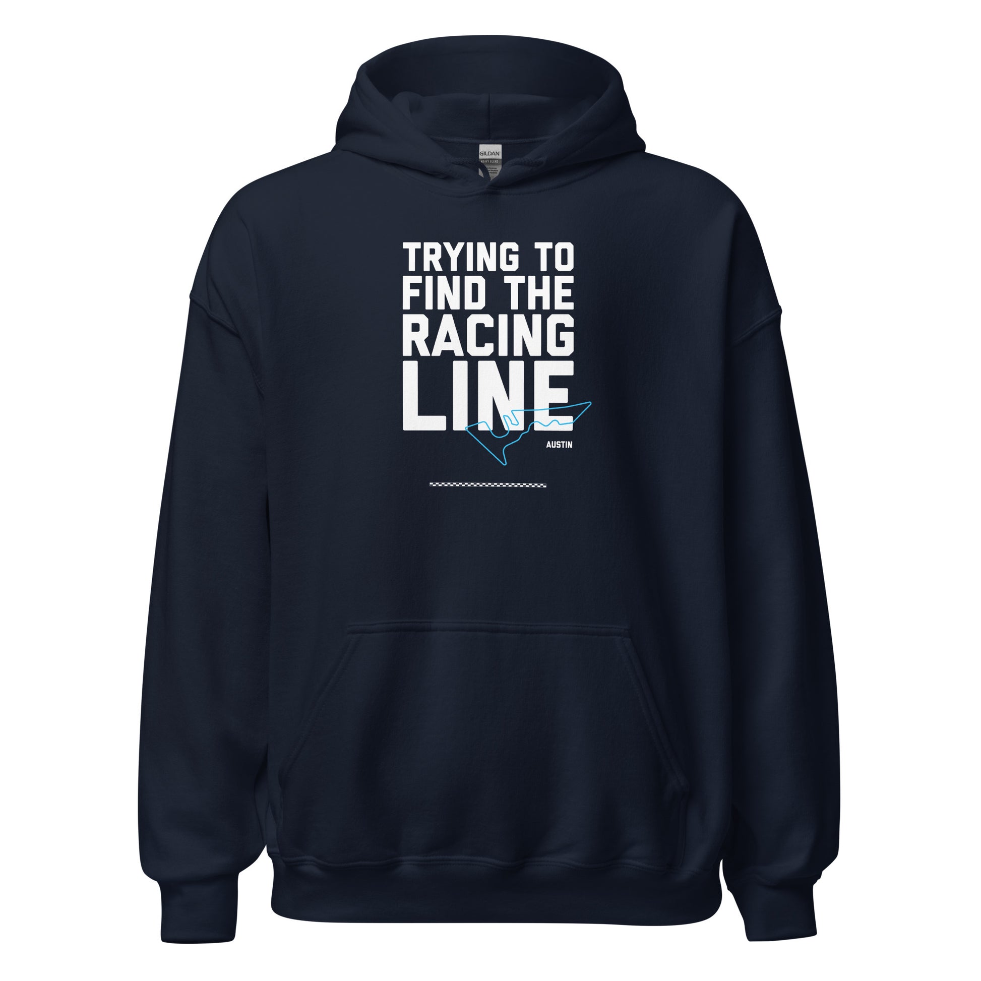 Race Day collection with Trying To Find The Racing Line Austin type and race track graphic on navy hoodie on white background