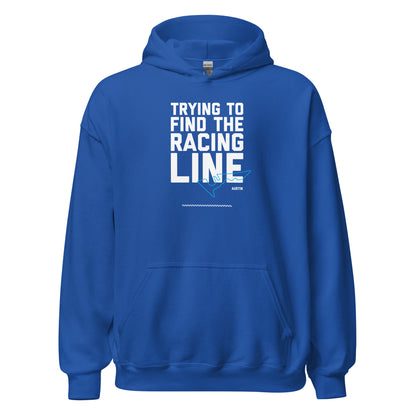 Race Day collection with Trying To Find The Racing Line Austin type and race track graphic on blue hoodie on white background