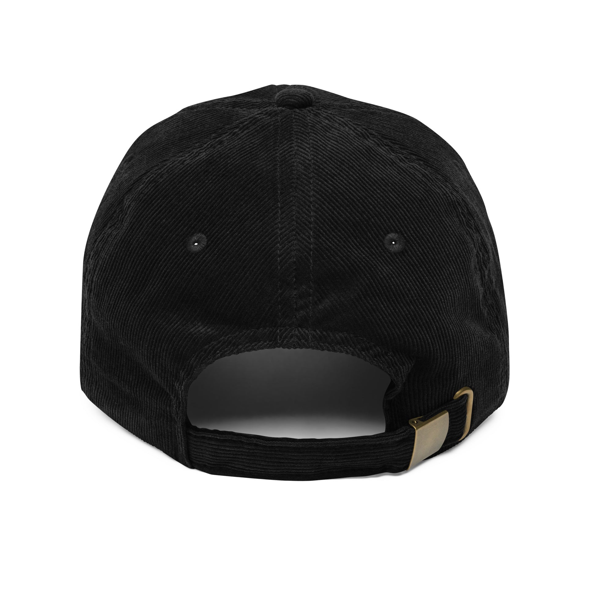 WHY?, text, type, hat, dad hat, corduroy, cozy, design. back view of black hat and enclosure on white background