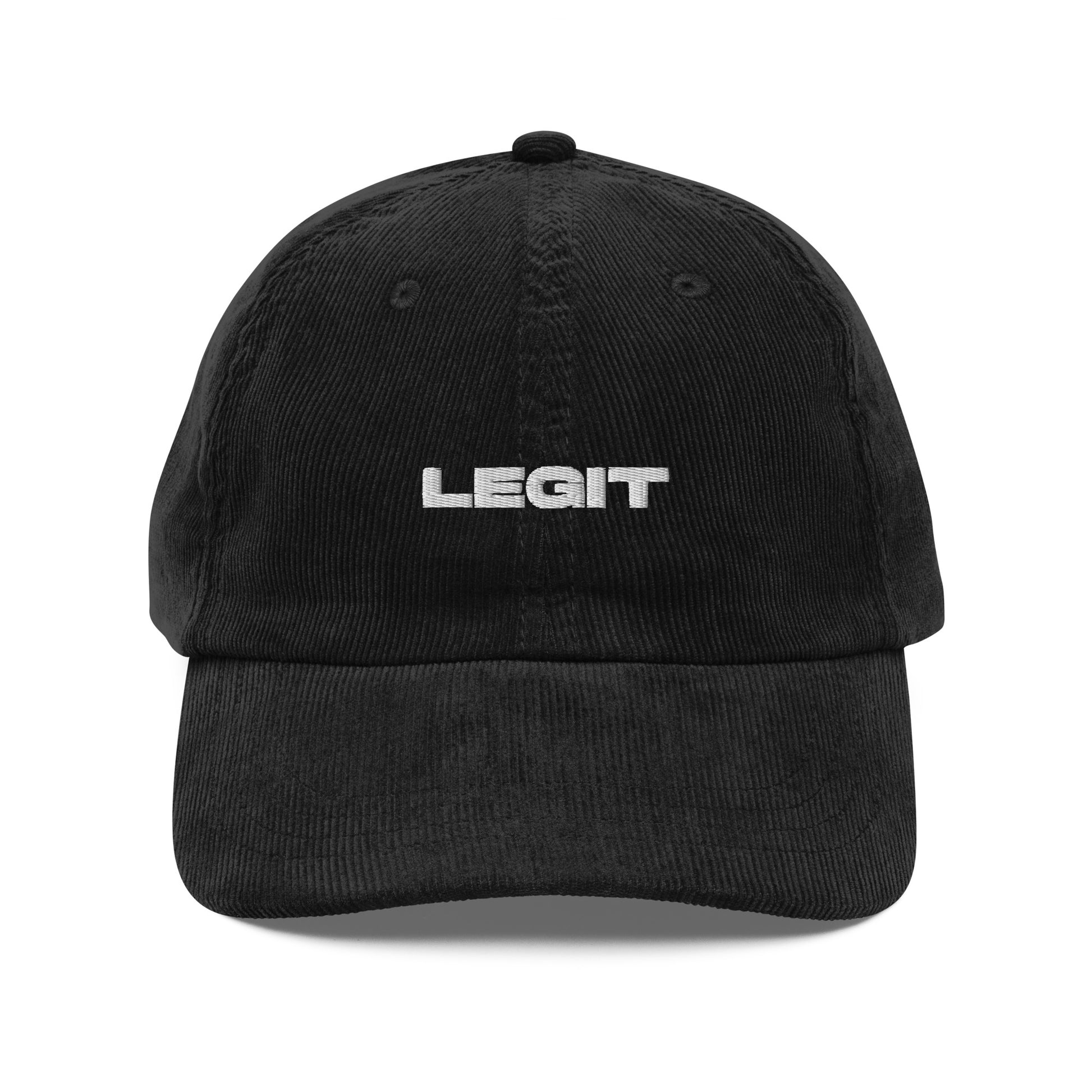 LEGIT, text, type, hat, dad hat, corduroy, cozy, design. front view of black hat on white background