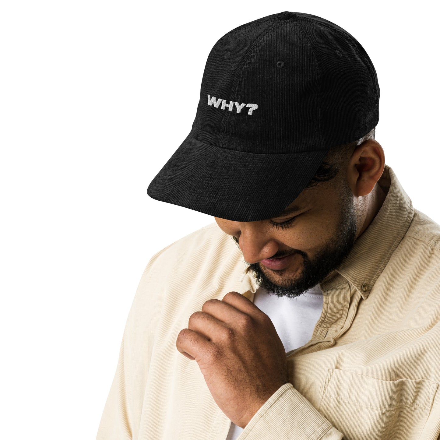 WHY?, text, type, hat, dad hat, corduroy, cozy, design. front right side view of black hat on male model
