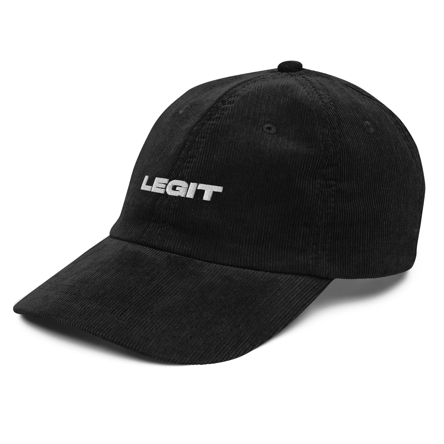 LEGIT, text, type, hat, dad hat, corduroy, cozy, design. front right side view of black hat on white background