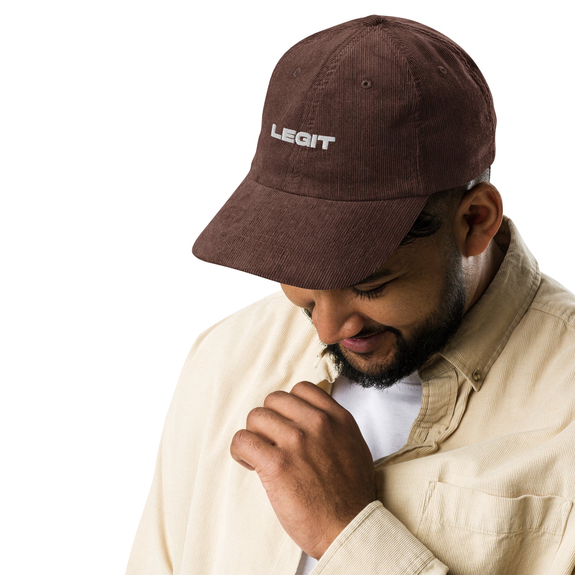 LEGIT, text, type, hat, dad hat, corduroy, cozy, design. front right side view of brown hat on male model