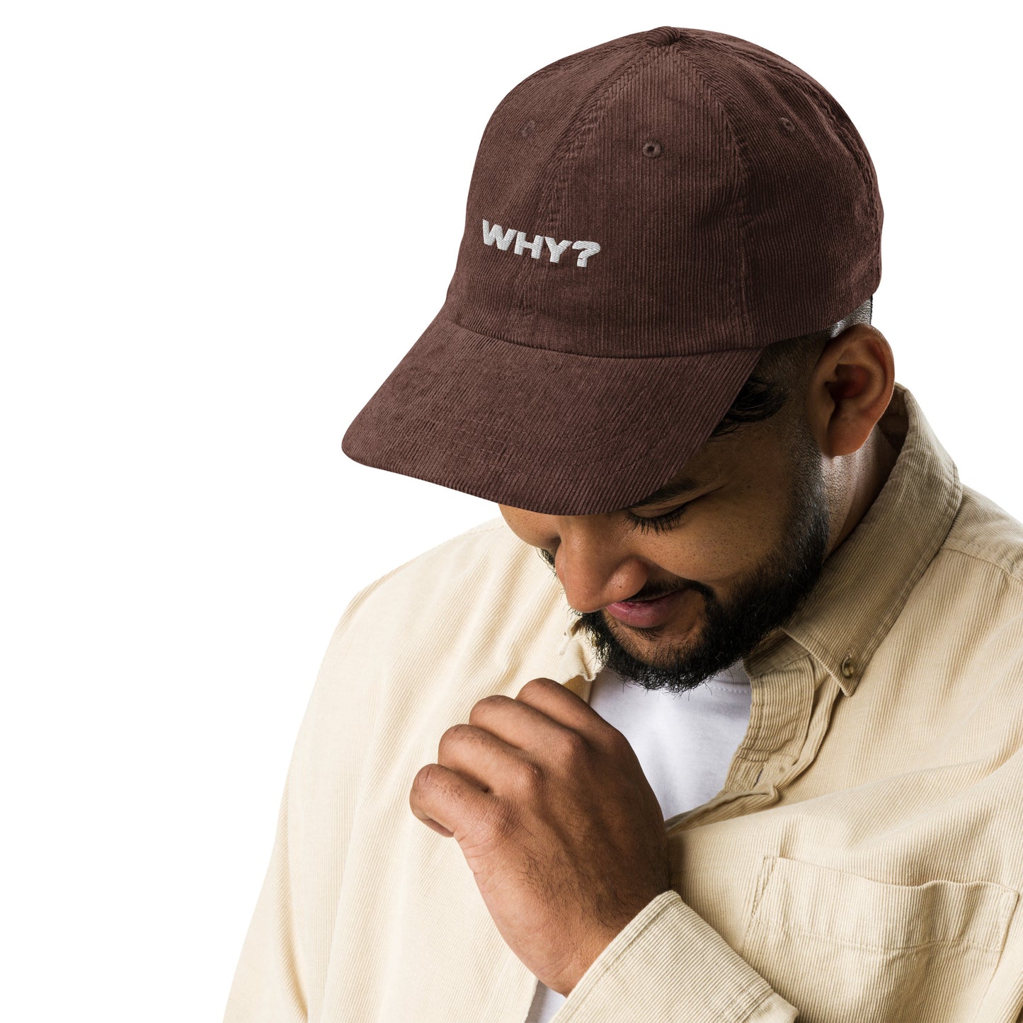 WHY?, text, type, hat, dad hat, corduroy, cozy, design. front right side view of brown hat on male model