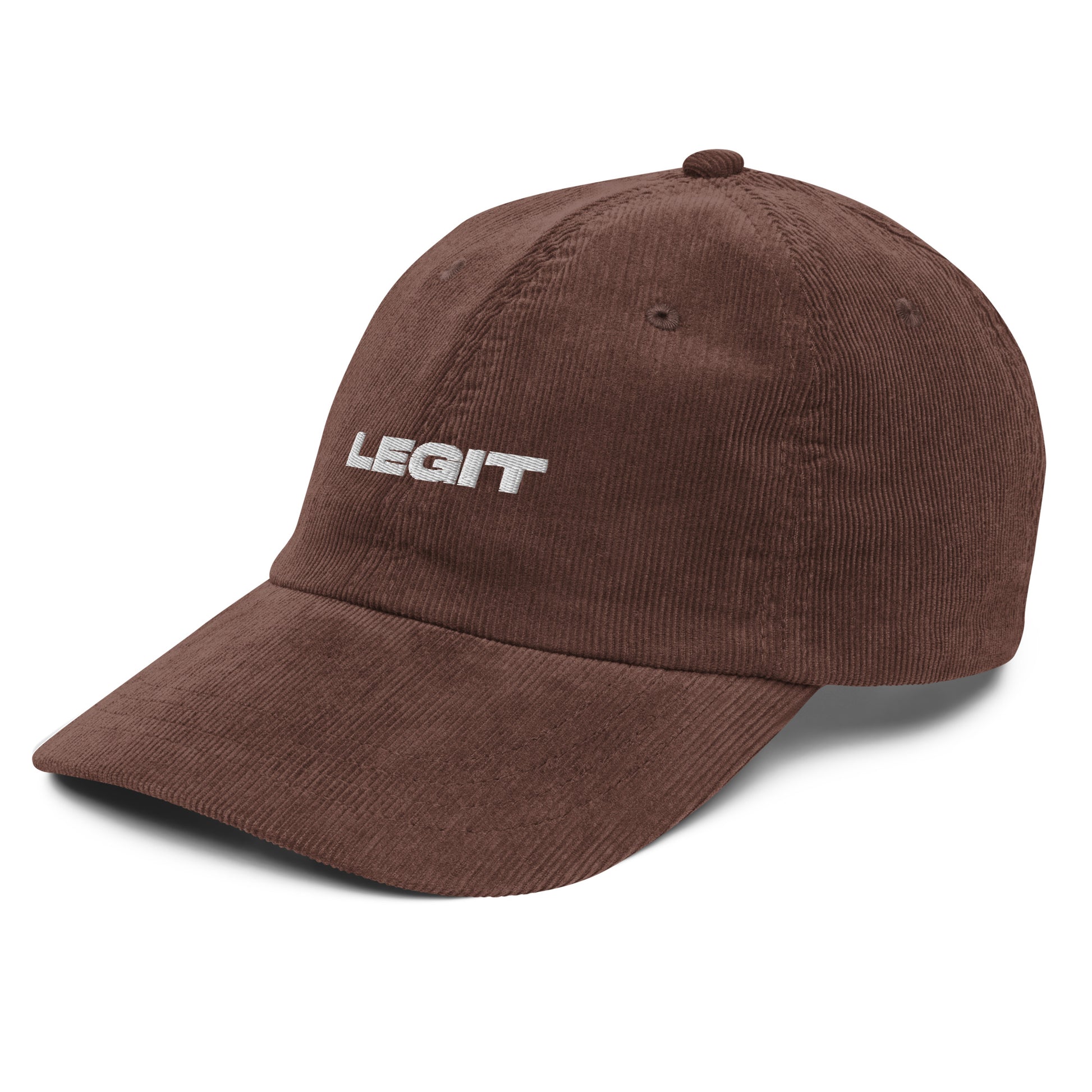 LEGIT, text, type, hat, dad hat, corduroy, cozy, design. front right side view of brown hat on white background