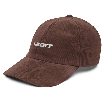 LEGIT, text, type, hat, dad hat, corduroy, cozy, design. front right side view of brown hat on white background