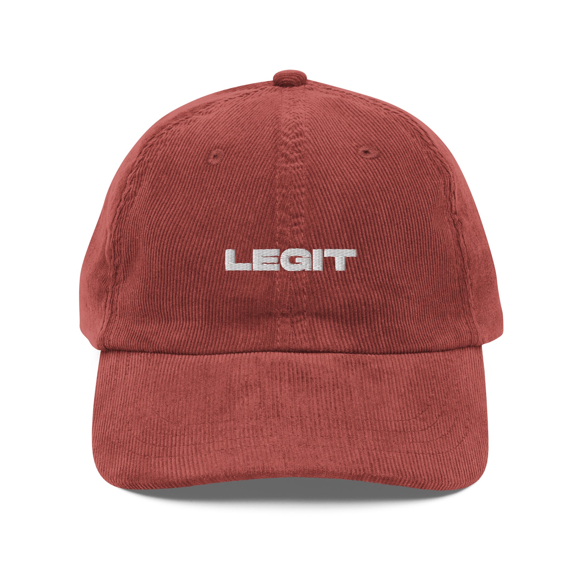 LEGIT, text, type, hat, dad hat, corduroy, cozy, design. front view of rust hat on white background