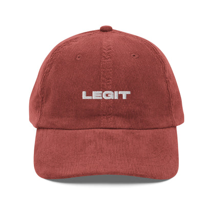 LEGIT, text, type, hat, dad hat, corduroy, cozy, design. front view of rust hat on white background