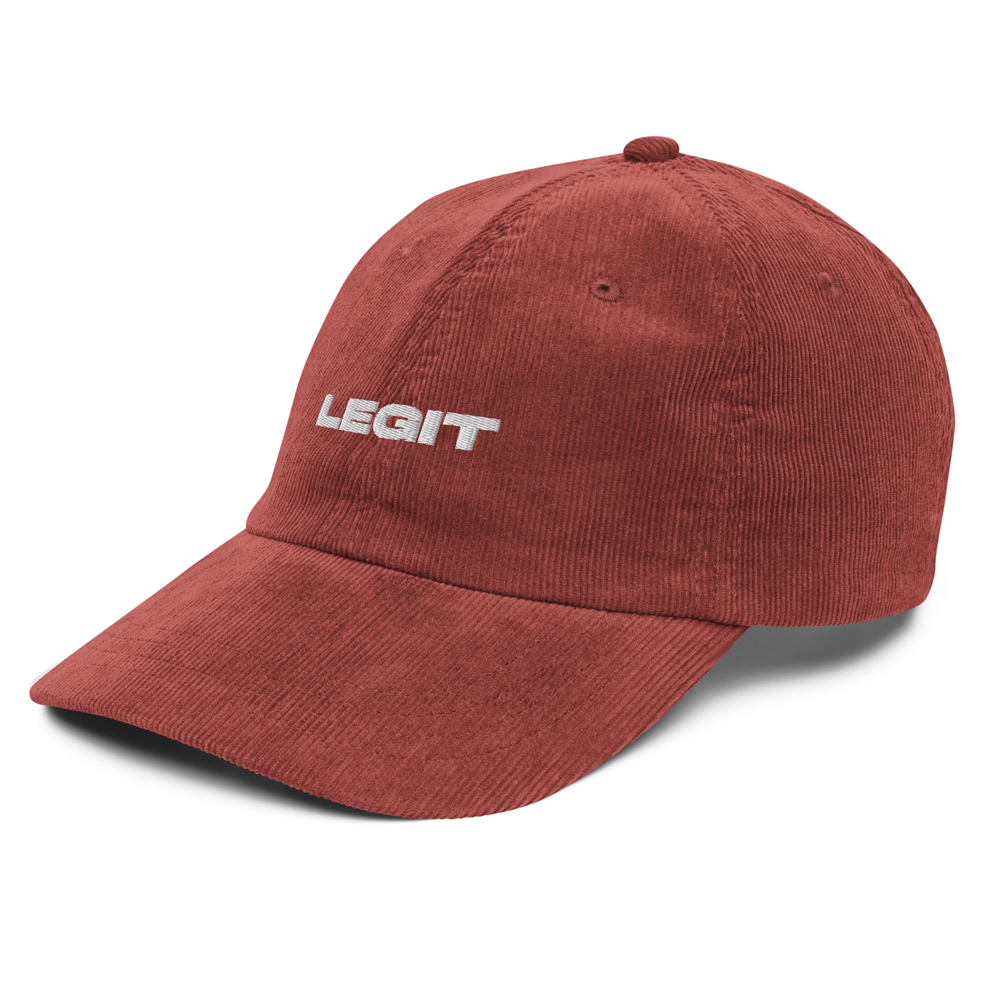 LEGIT, text, type, hat, dad hat, corduroy, cozy, design. front right side view of rust hat on white background