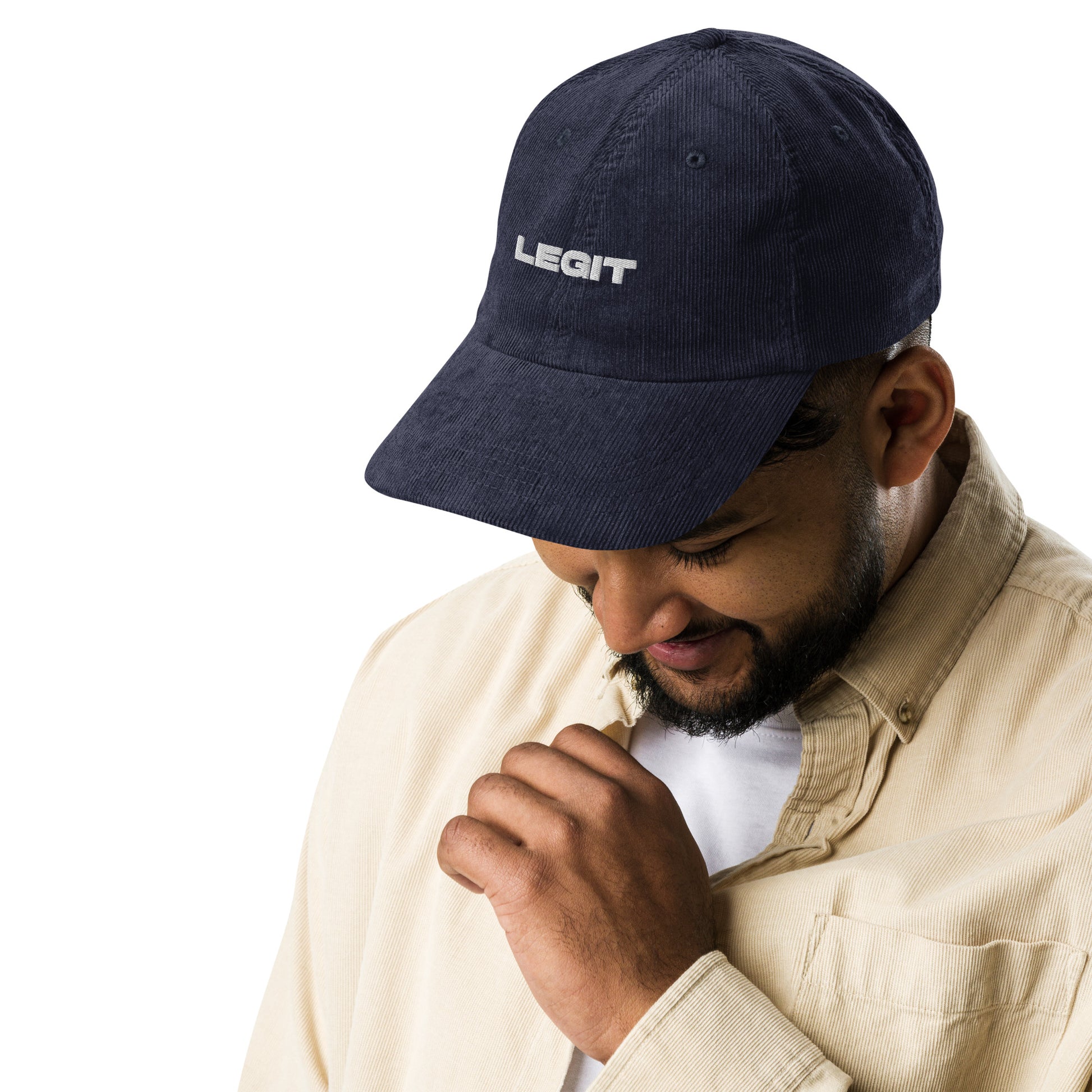 LEGIT, text, type, hat, dad hat, corduroy, cozy, design. front right side view of blue hat on male model