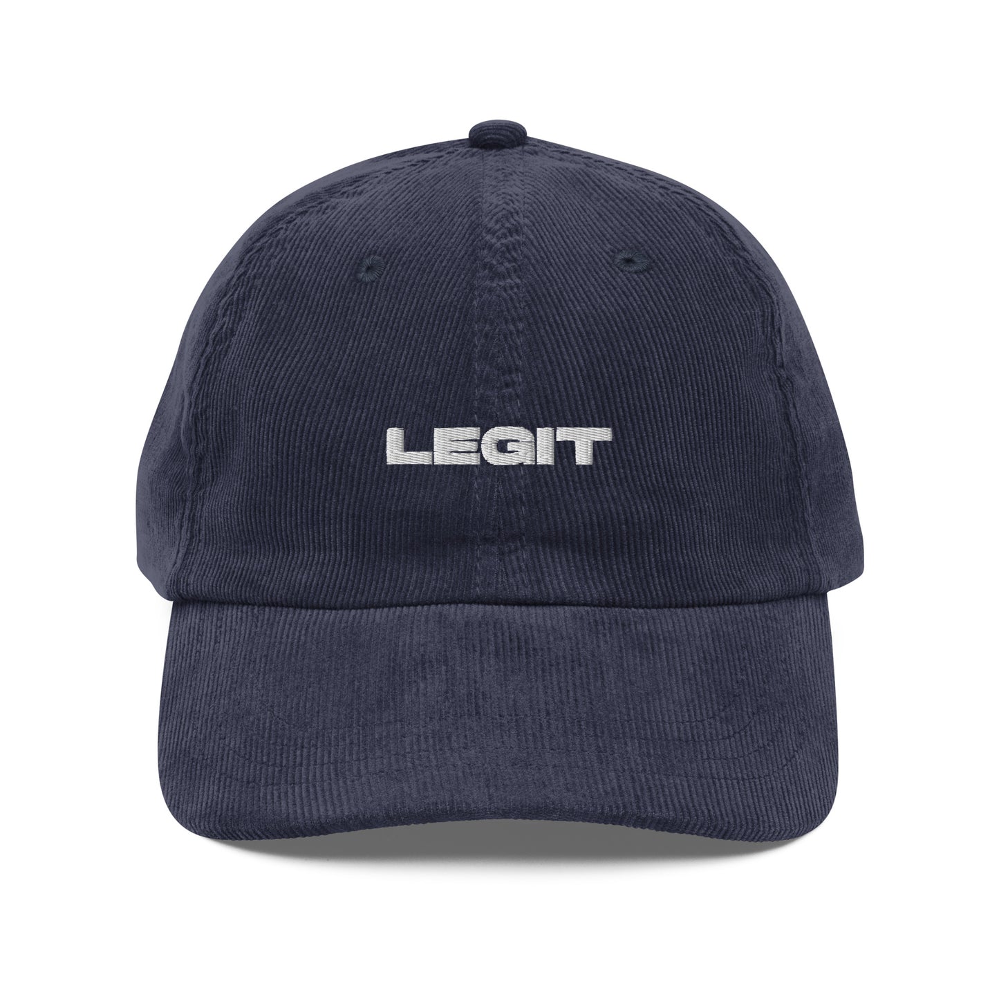 LEGIT, text, type, hat, dad hat, corduroy, cozy, design. front view of blue hat on white background