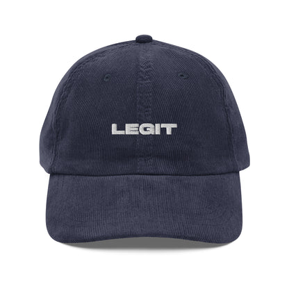 LEGIT, text, type, hat, dad hat, corduroy, cozy, design. front view of blue hat on white background