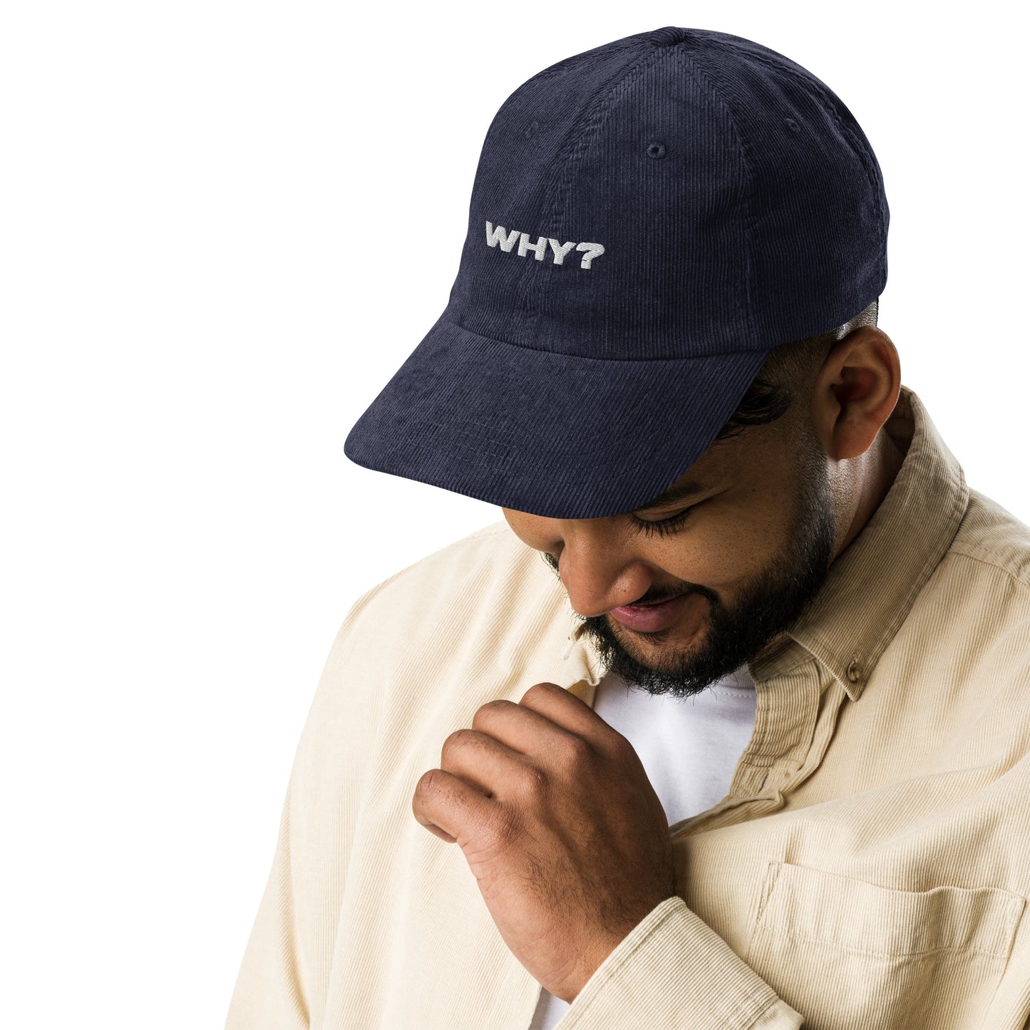 WHY?, text, type, hat, dad hat, corduroy, cozy, design. front right side view of blue hat on male model