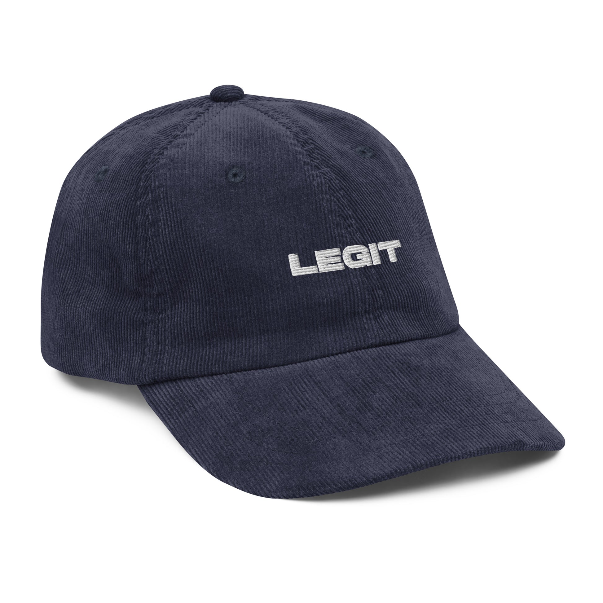 LEGIT, text, type, hat, dad hat, corduroy, cozy, design. front left side view of blue hat on white background