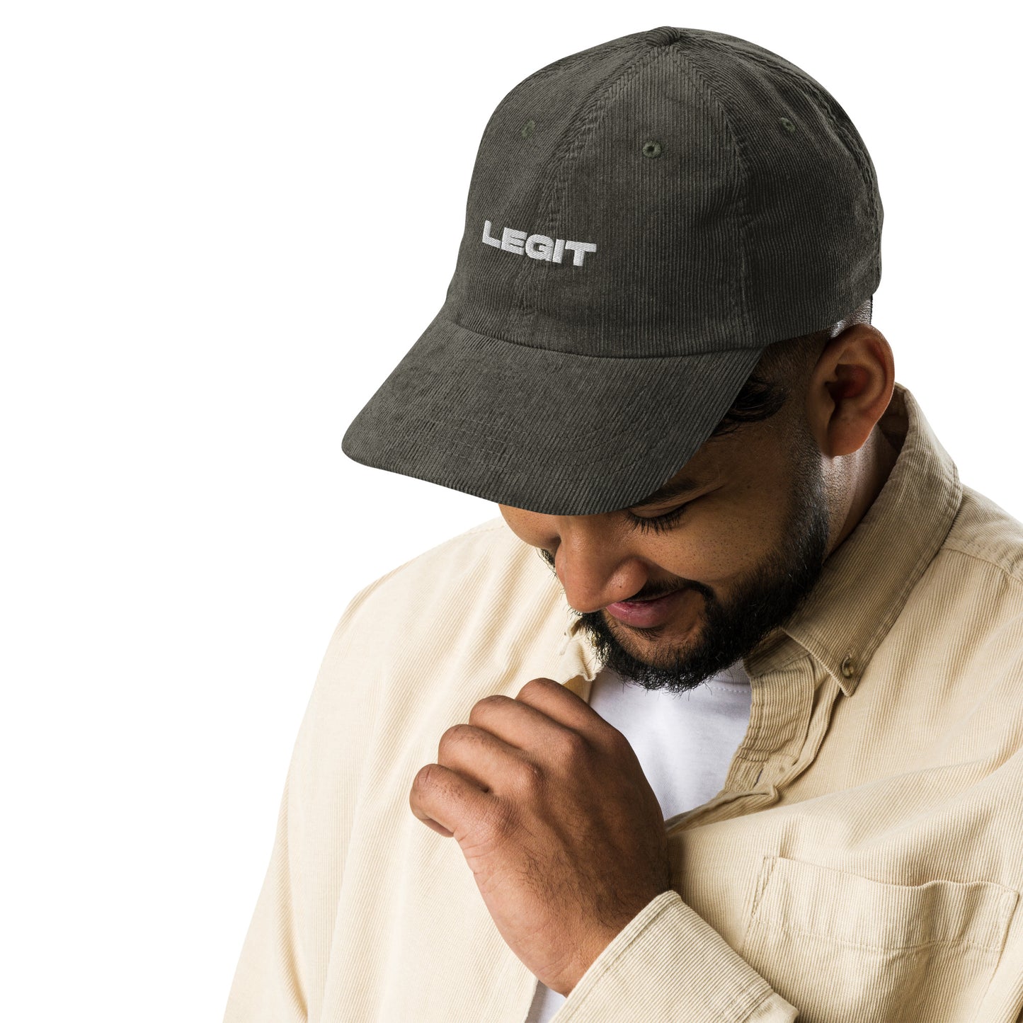 LEGIT, text, type, hat, dad hat, corduroy, cozy, design. front right side view of olive hat on male model