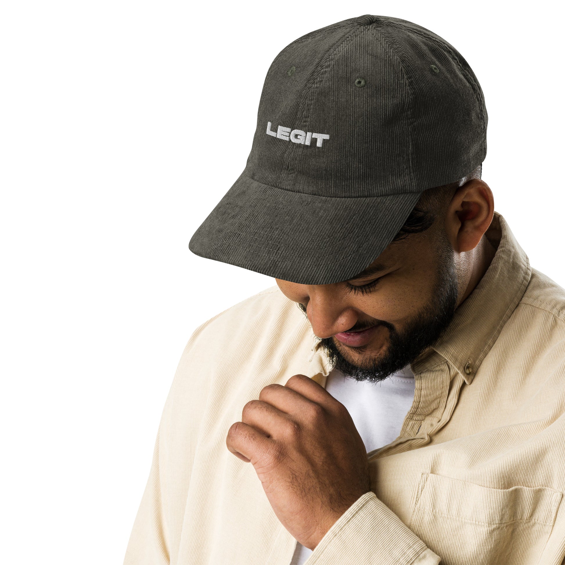 LEGIT, text, type, hat, dad hat, corduroy, cozy, design. front right side view of olive hat on male model
