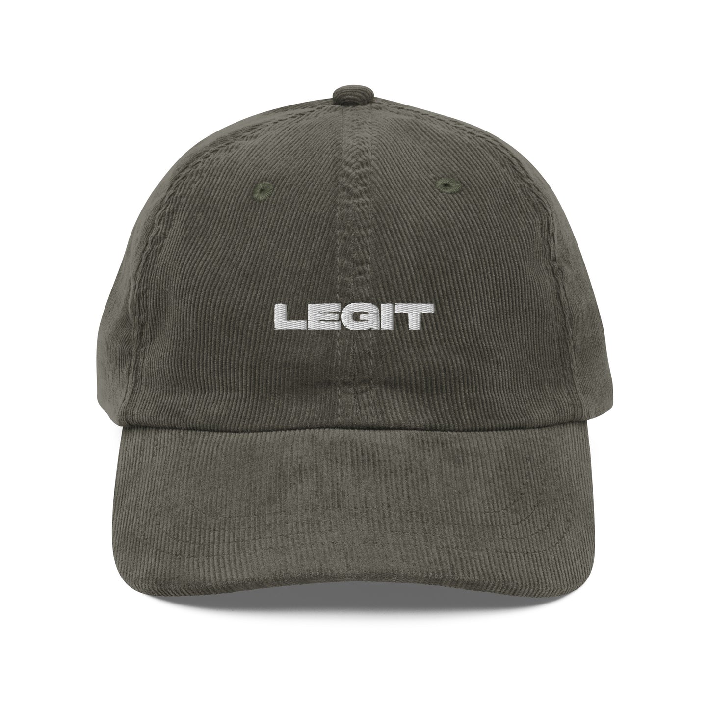 LEGIT, text, type, hat, dad hat, corduroy, cozy, design. front view of olive hat on white background