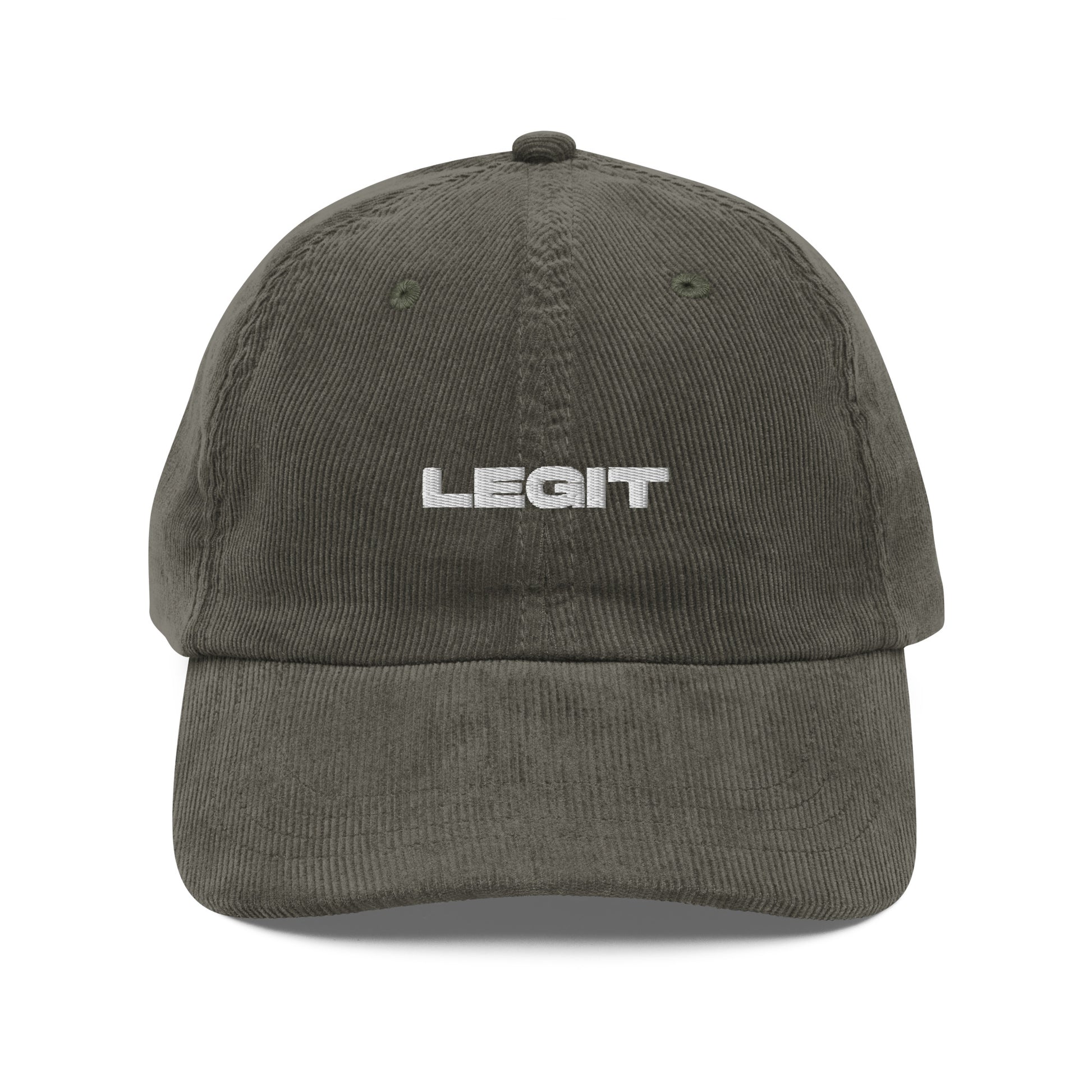LEGIT, text, type, hat, dad hat, corduroy, cozy, design. front view of olive hat on white background