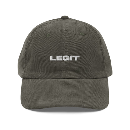 LEGIT, text, type, hat, dad hat, corduroy, cozy, design. front view of olive hat on white background
