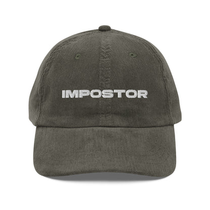 IMPOSTOR, text, type, hat, dad hat, corduroy, cozy, design. front view of olive hat on white background